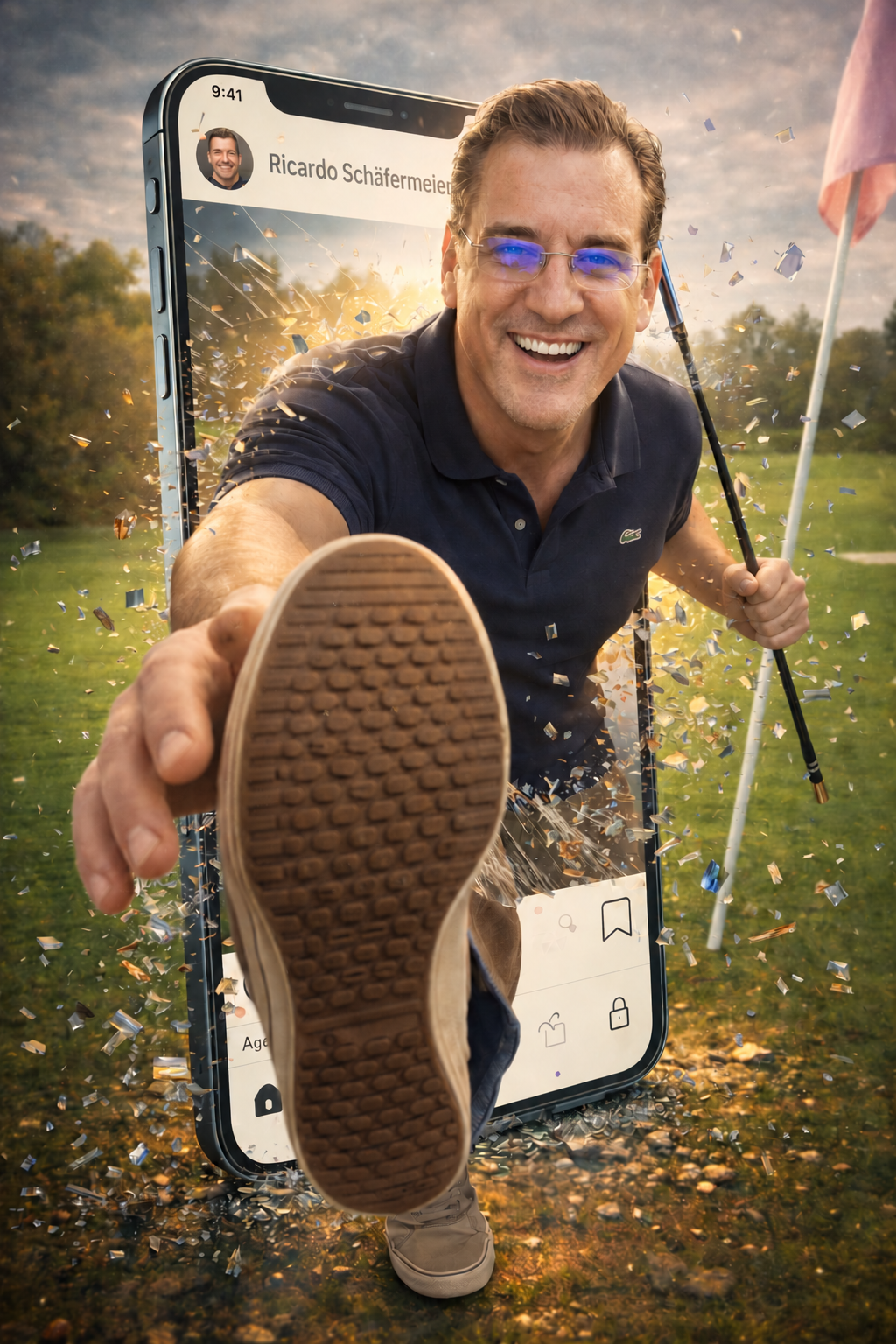 Ricardo smiling on a golf course, stepping out of a phone in a creative composition